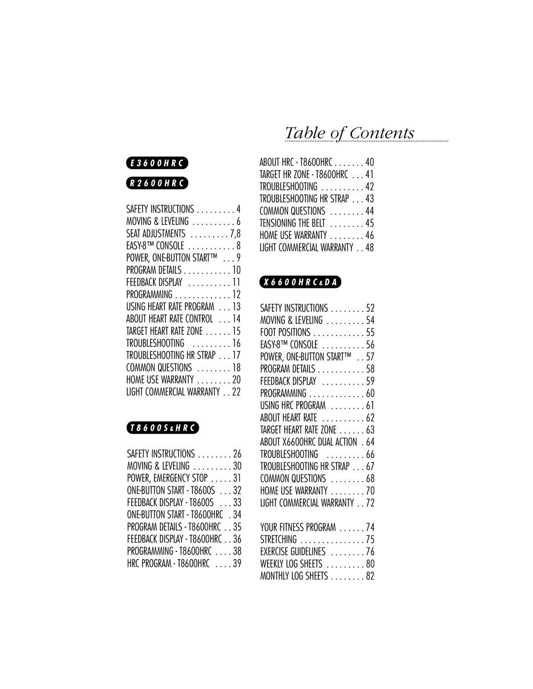 Vision Fitness R2600 HRC, T8600S, R2600HRC, HRC X6600 HRC, E3600HRC manual Table of Contents 