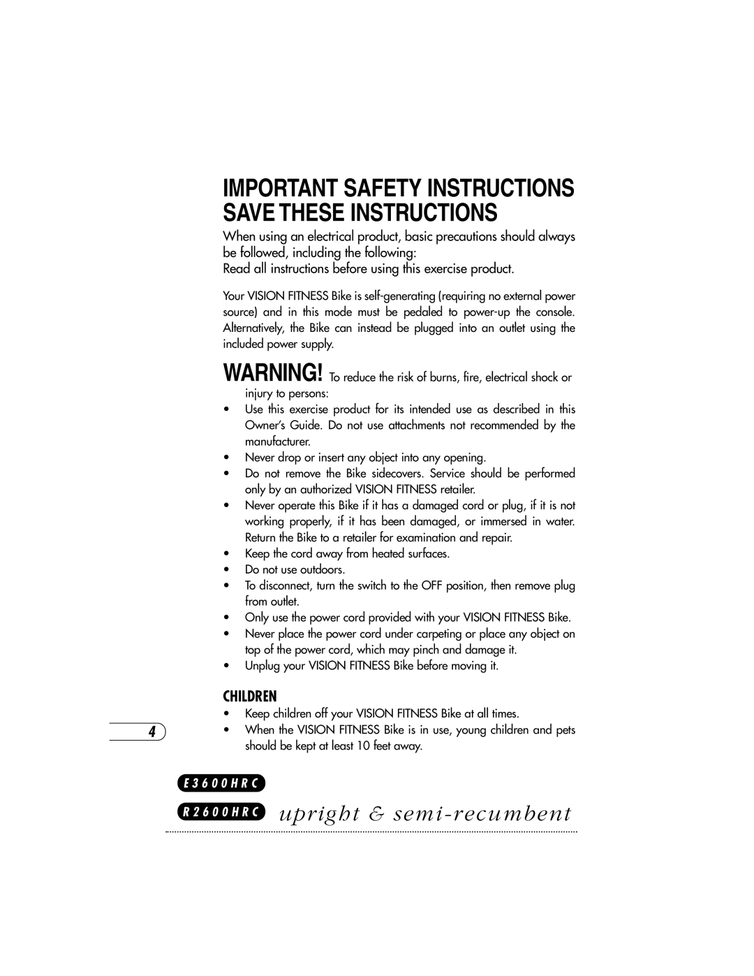 Vision Fitness R2600HRC, T8600S, HRC X6600 HRC, R2600 HRC Important Safety Instructions Save These Instructions, Children 