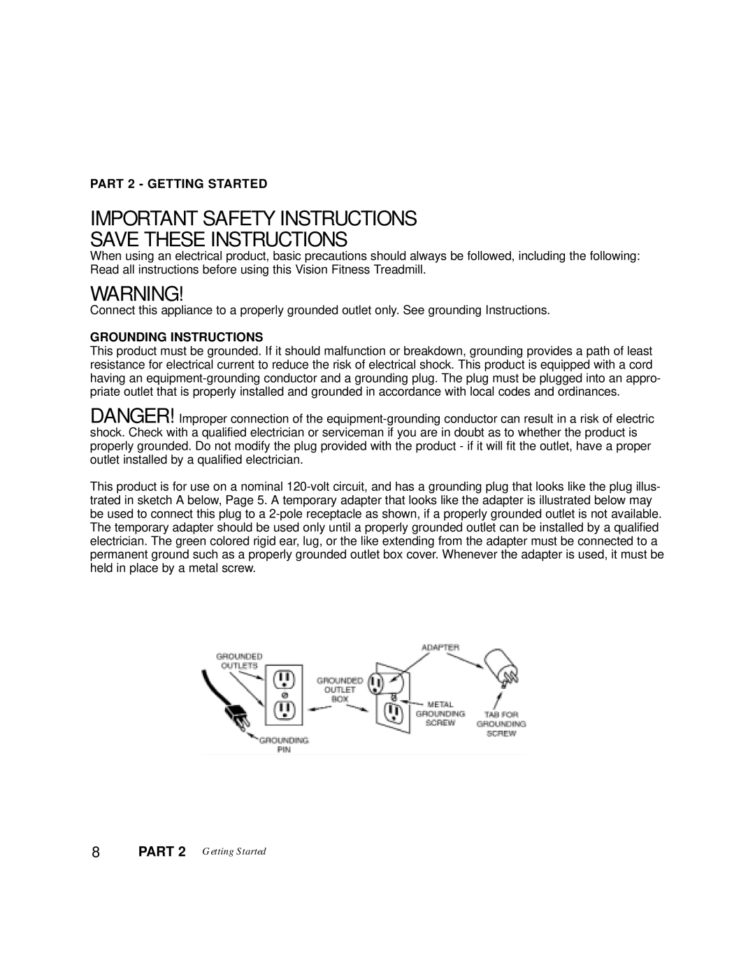 Vision Fitness T8400HRC, T8900, T8100, T8500HRC manual Important Safety Instructions, Grounding Instructions 