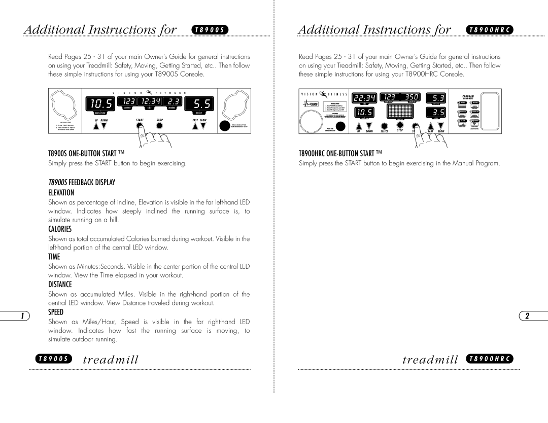 Vision Fitness T8900HRC manual T8900S ONE-BUTTON Start, T8900S Feedback Display Elevation, Calories, Time, Distance, Speed 