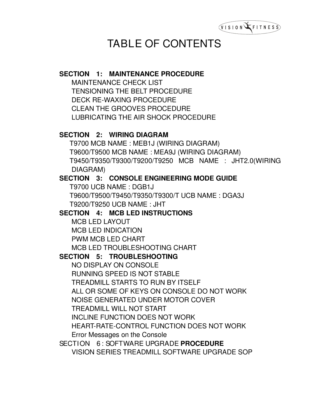 Vision Fitness T9450, T9600, T9500, T9700, T9300, T9200, T9350 manual Table of Contents 