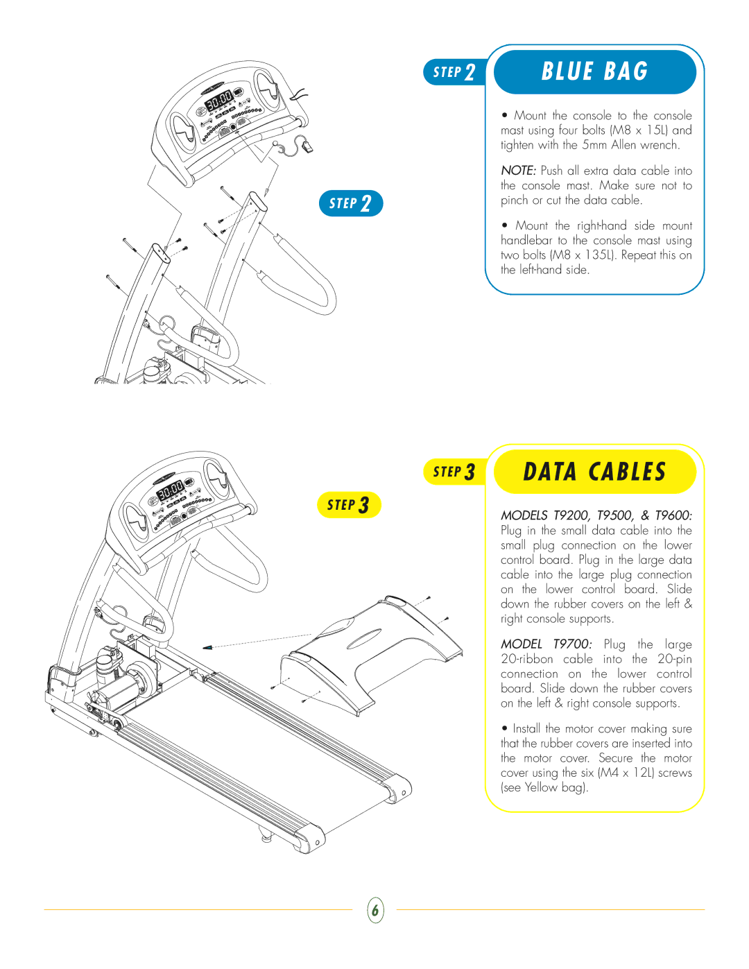 Vision Fitness T9500, TM181, T9600 (TM182), T9700 (TM183), T9200 (TM186) manual E P 3 Data Cables, Pinch or cut the data cable 