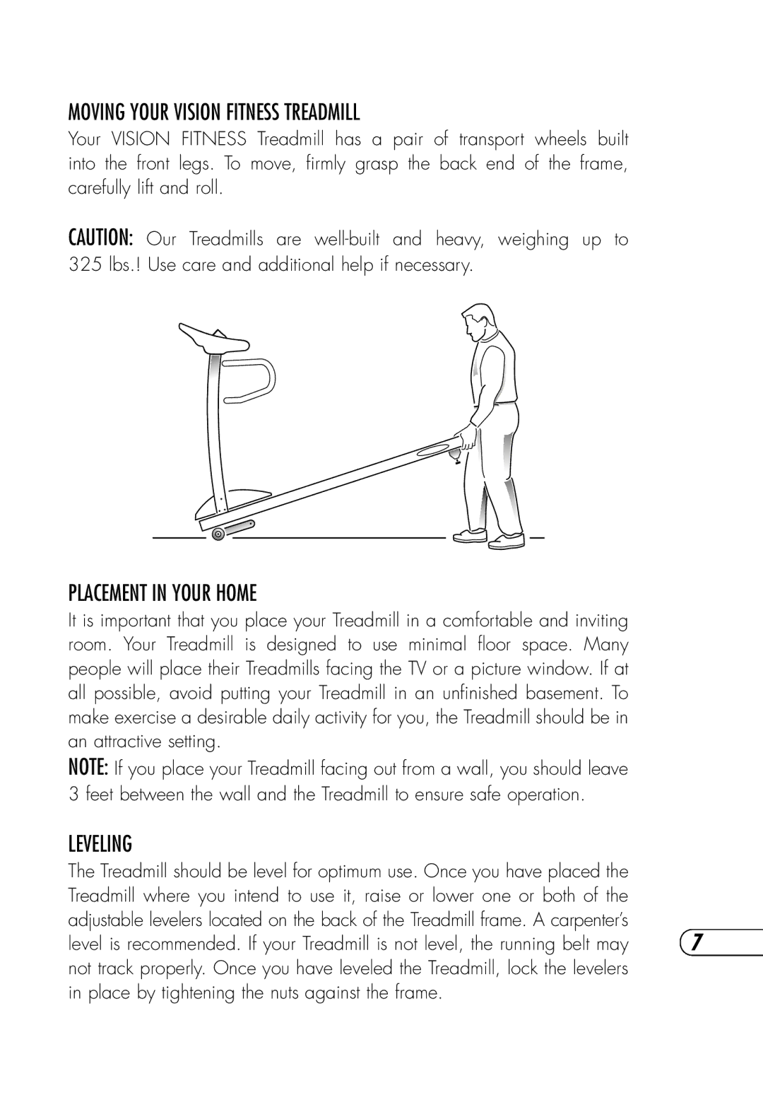 Vision Fitness T9700 Runner's manual Moving Your Vision Fitness Treadmill, Placement in Your Home, Leveling 