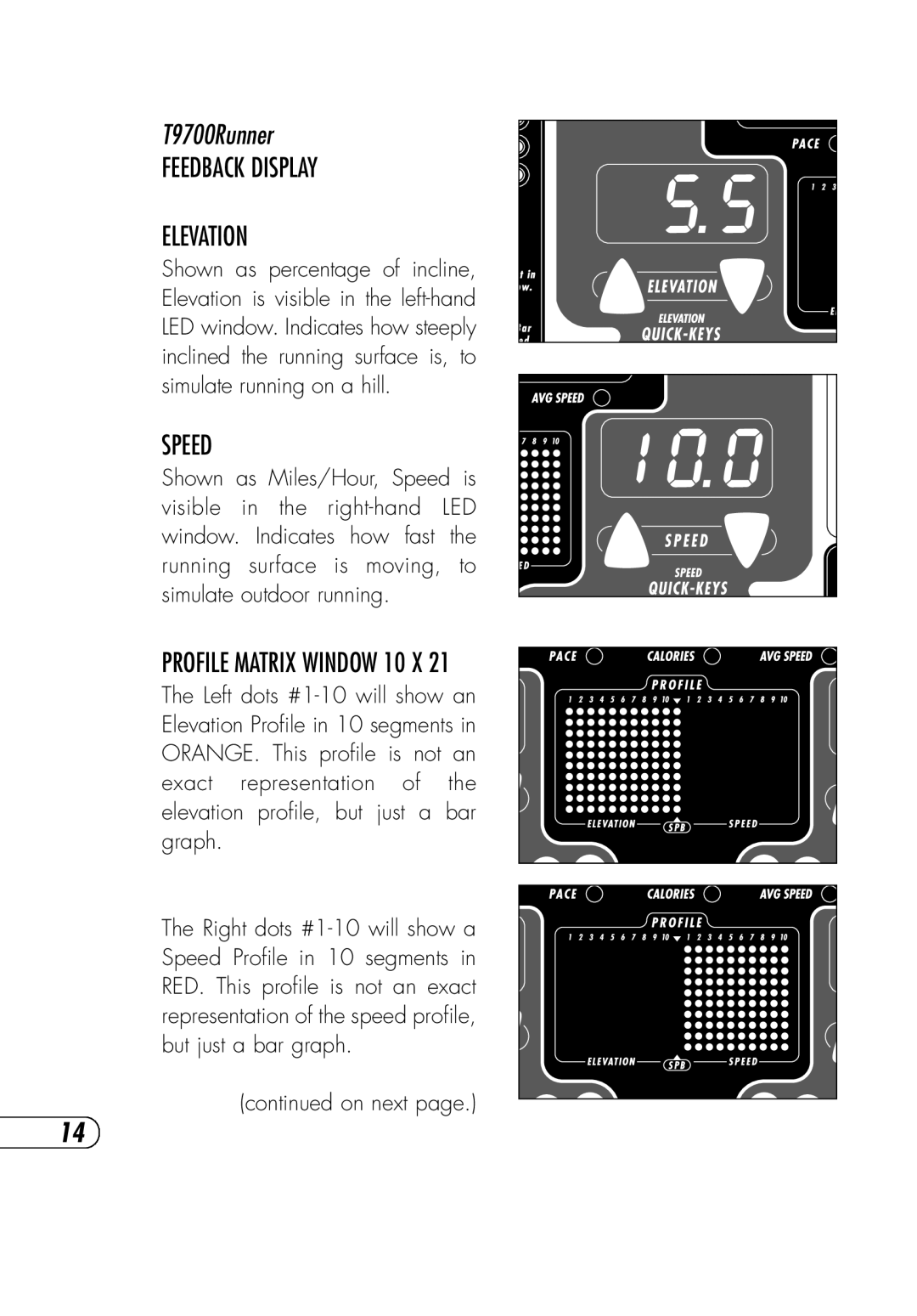 Vision Fitness T9700 Runner's manual Feedback Display Elevation, Speed, Profile Matrix Window 10 X 