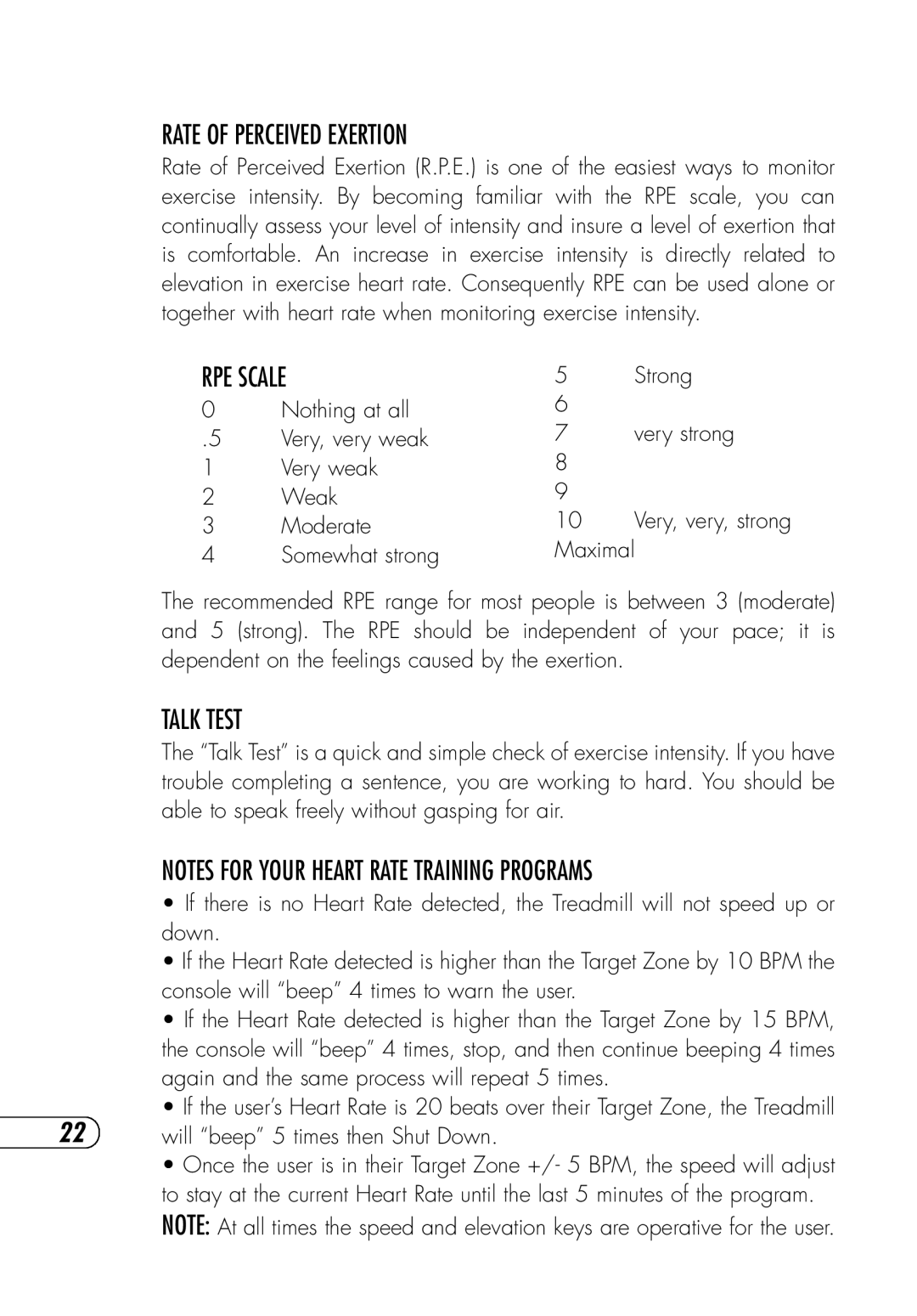 Vision Fitness T9700 Runner's manual Rate of Perceived Exertion, RPE Scale, Talk Test 