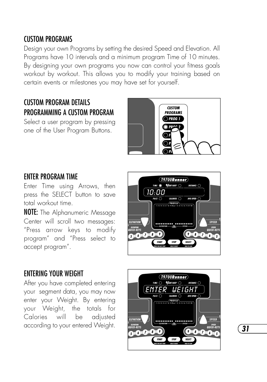 Vision Fitness T9700 Runner's Custom Programs, Custom Program Details Programming a Custom Program, Enter Program Time 