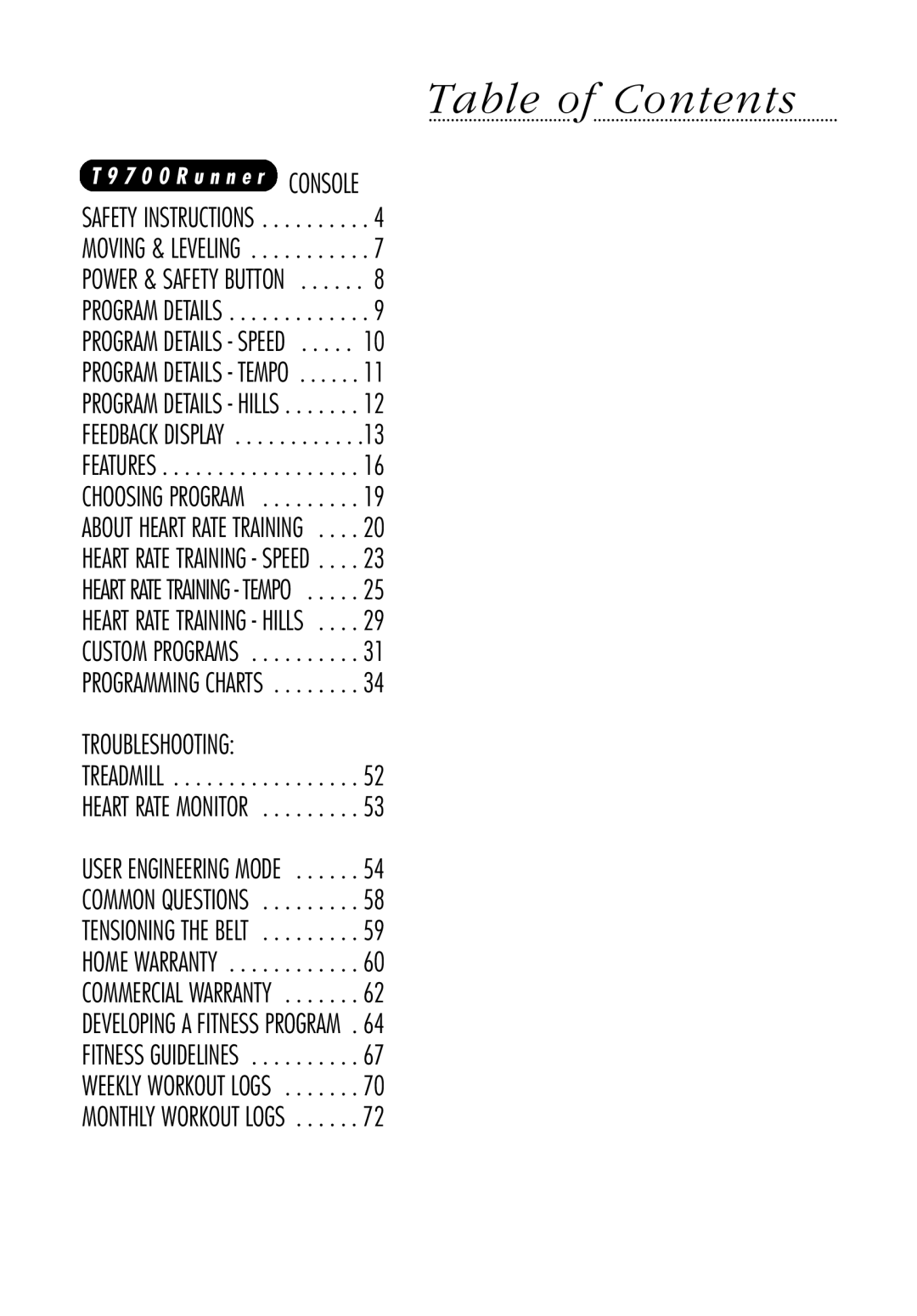 Vision Fitness T9700 Runner's manual Table of Contents 