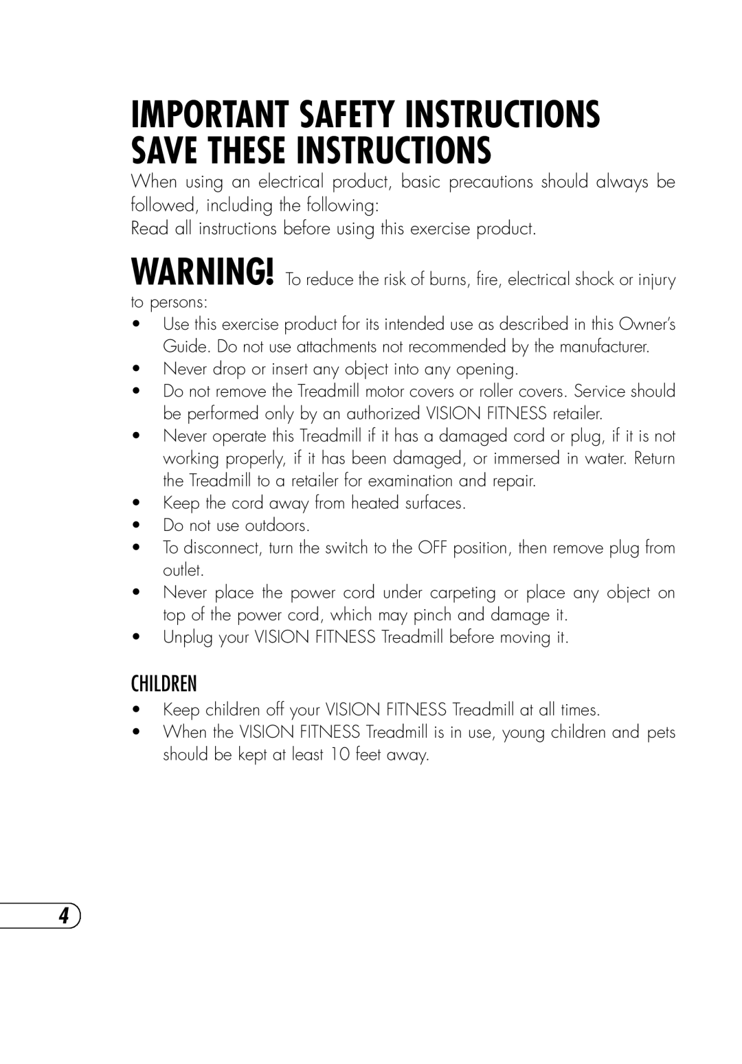 Vision Fitness T9700 Runner's manual Important Safety Instructions Save These Instructions, Children 