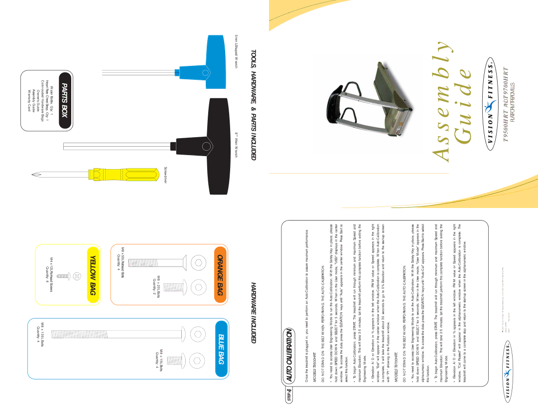 Vision Fitness t9700hrt manual BAG Yellow, E P 4 Auto Calibration, BAG Orange, Models T9500HRT, Models T9700HRT 