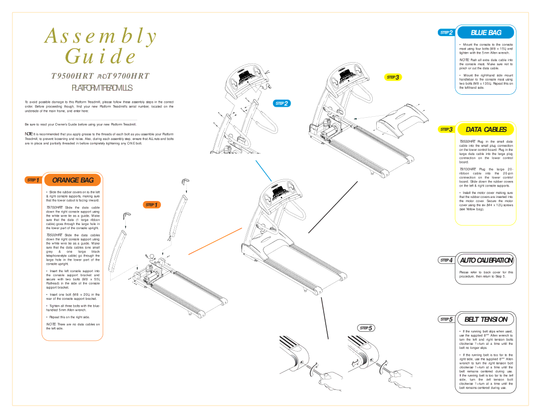 Vision Fitness t9700hrt, T9500HRT manual Orange BAG, Auto Calibration, Data Cables, Belt Tension 