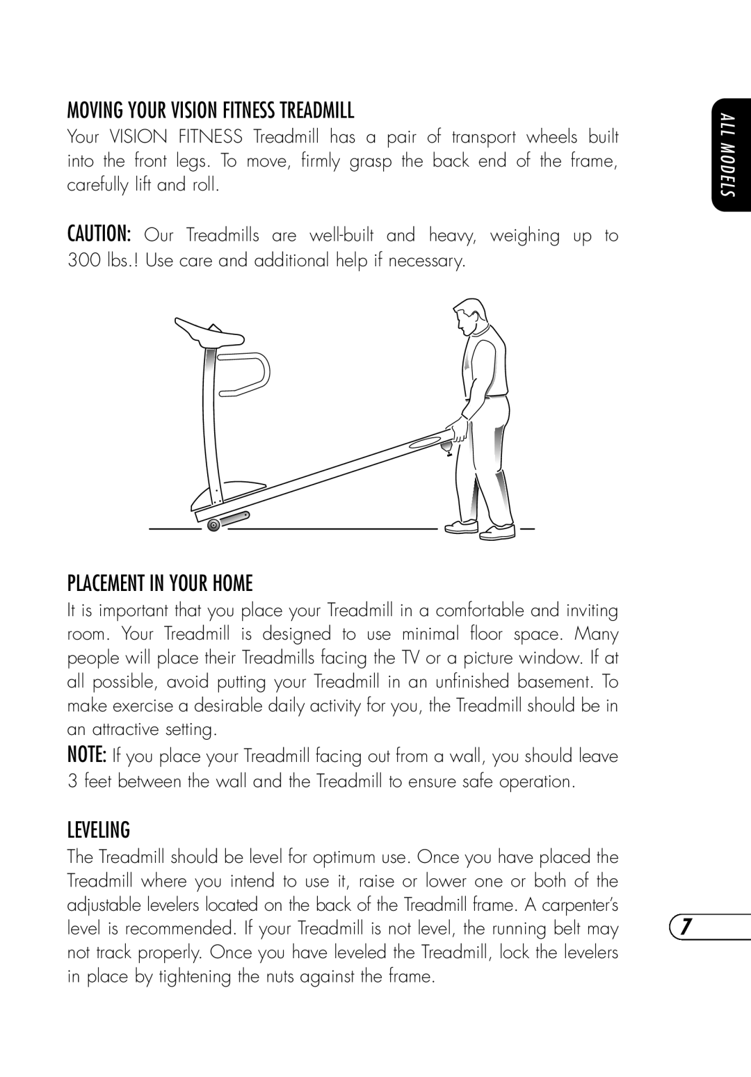 Vision Fitness T9700S, t9700hrt manual Moving Your Vision Fitness Treadmill, Placement in Your Home, Leveling 