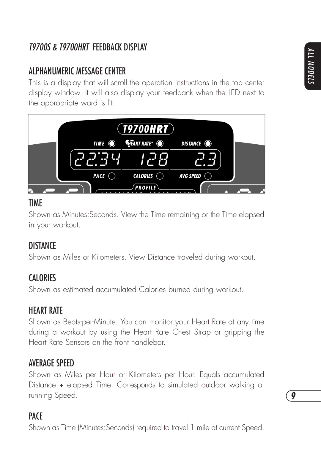 Vision Fitness T9700S, t9700hrt manual Distance, Calories, Heart Rate, Average Speed, Pace 