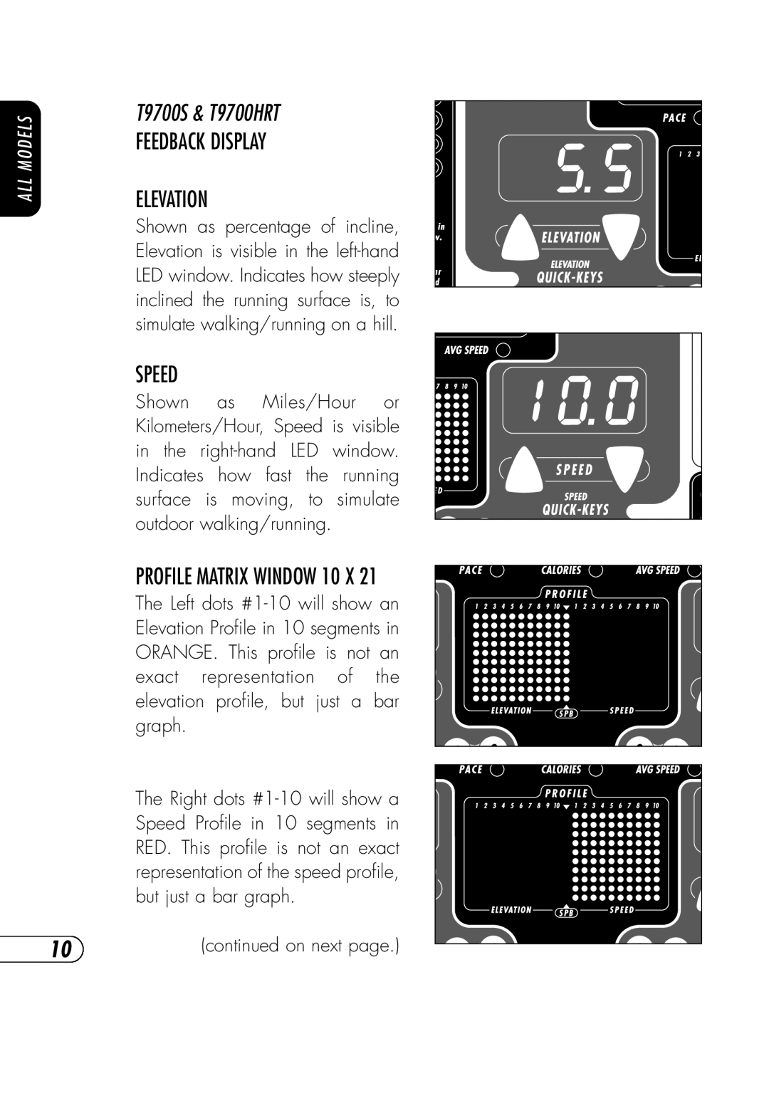 Vision Fitness t9700hrt, T9700S manual Feedback Display Elevation, Speed, Profile Matrix Window 10 X 