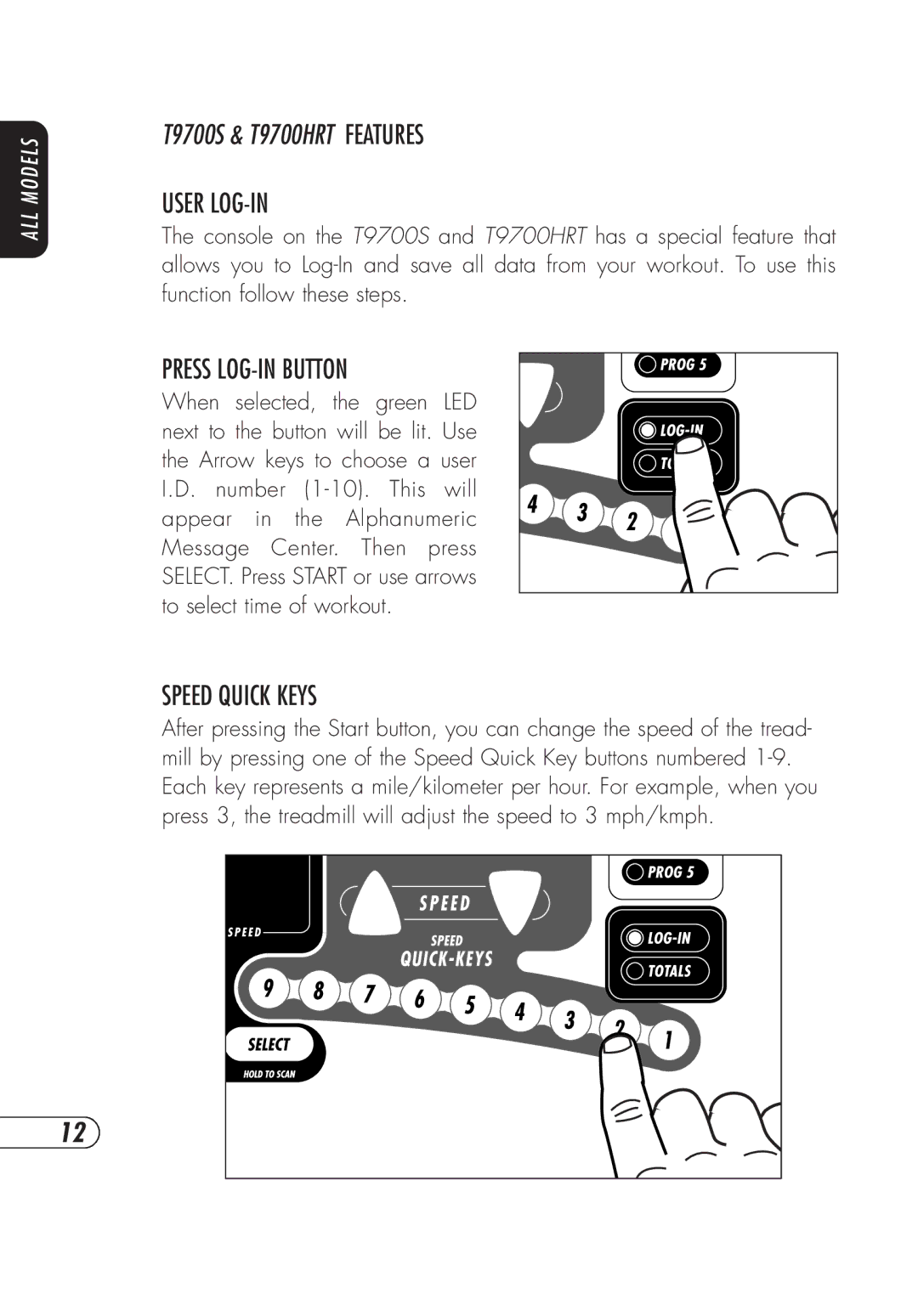 Vision Fitness t9700hrt manual T9700S & T9700HRT Features User LOG-IN, Press LOG-IN Button, Speed Quick Keys 