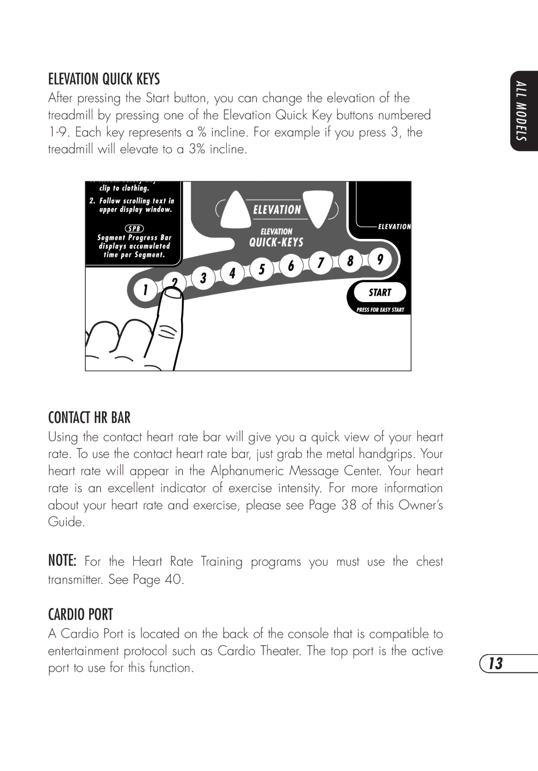 Vision Fitness T9700S, t9700hrt manual Elevation Quick Keys, Contact HR BAR, Cardioport 