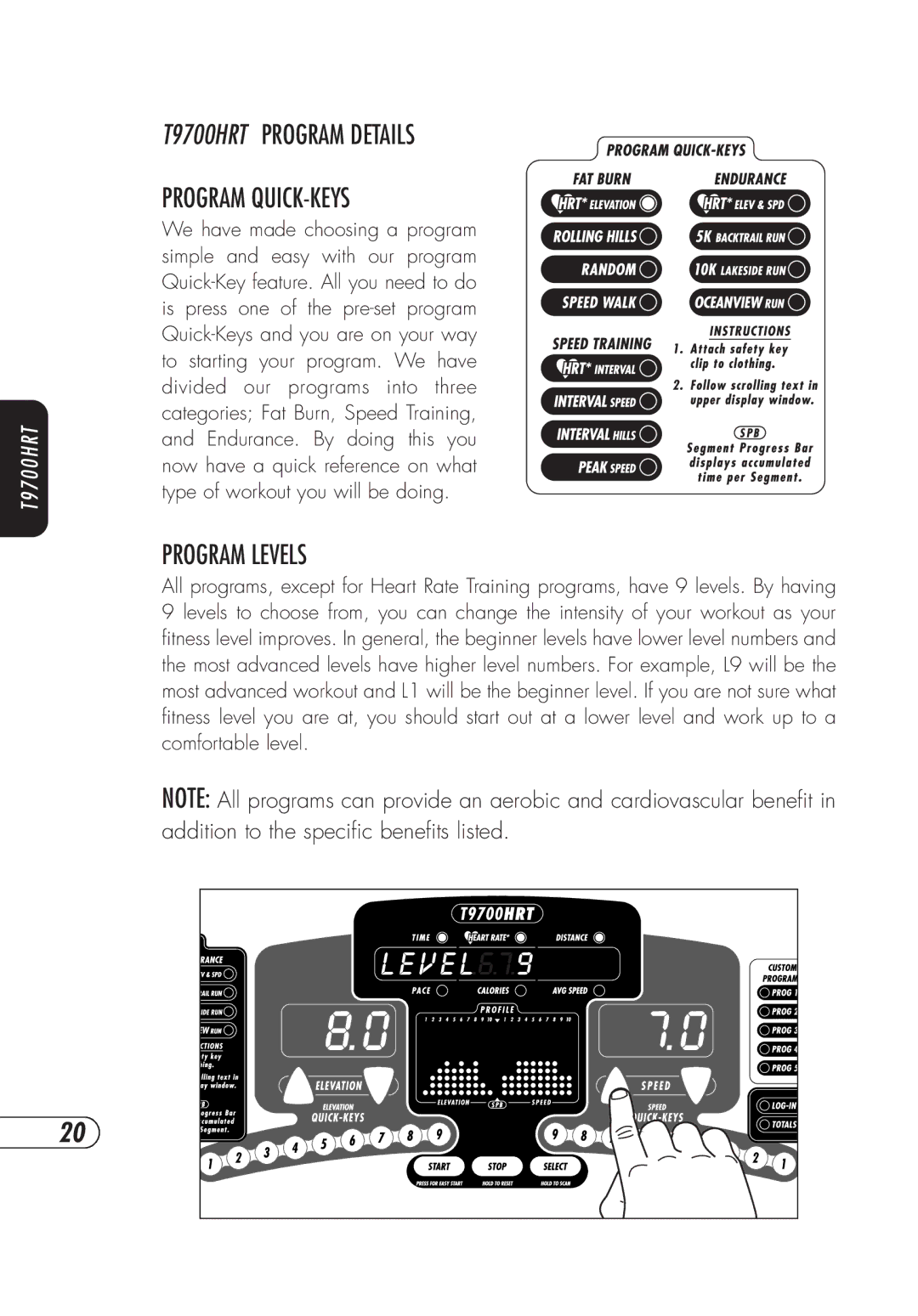 Vision Fitness t9700hrt, T9700S manual T9700HRT Program Details Program QUICK-KEYS, Program Levels 