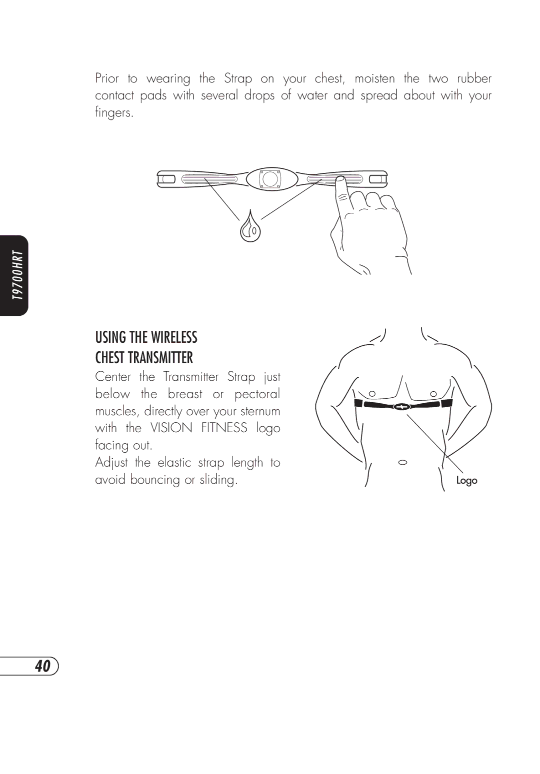 Vision Fitness t9700hrt, T9700S manual Using the Wireless Chest Transmitter 