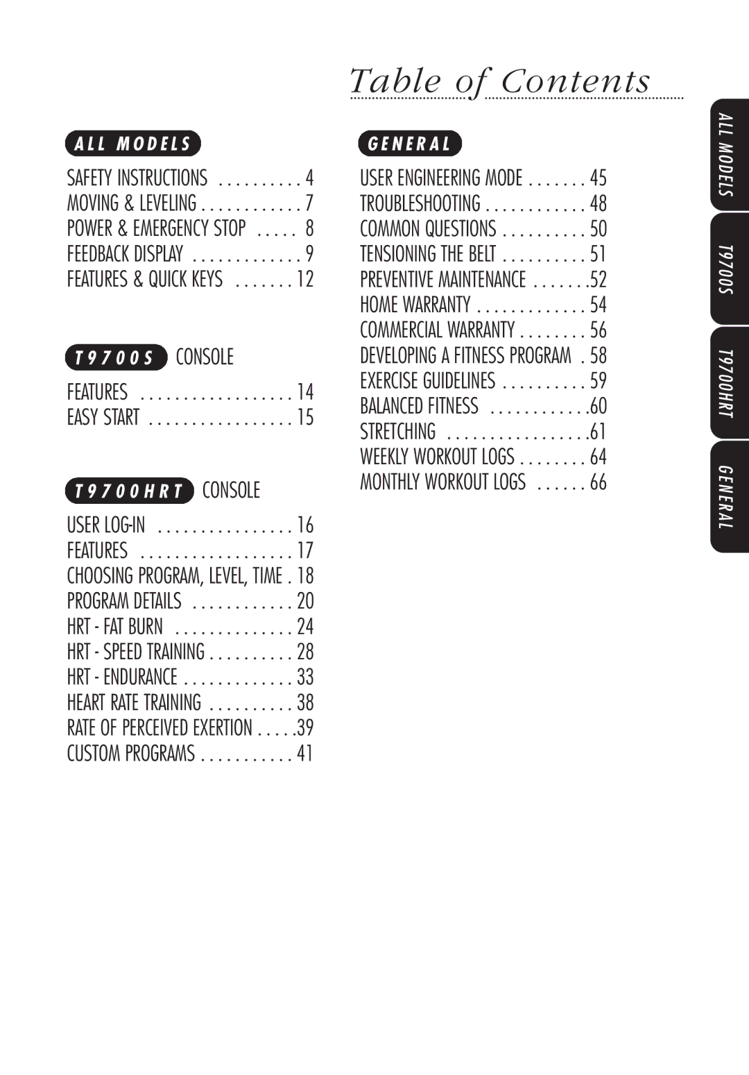 Vision Fitness T9700S, t9700hrt manual Table of Contents 