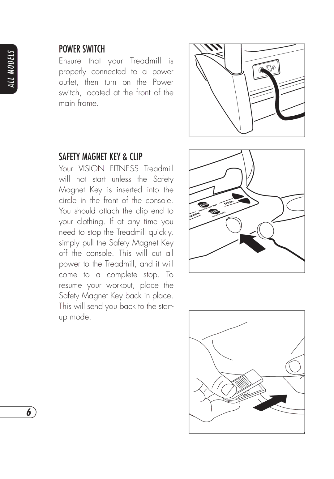 Vision Fitness TM357 manual Power Switch, Safety Magnet KEY & Clip 