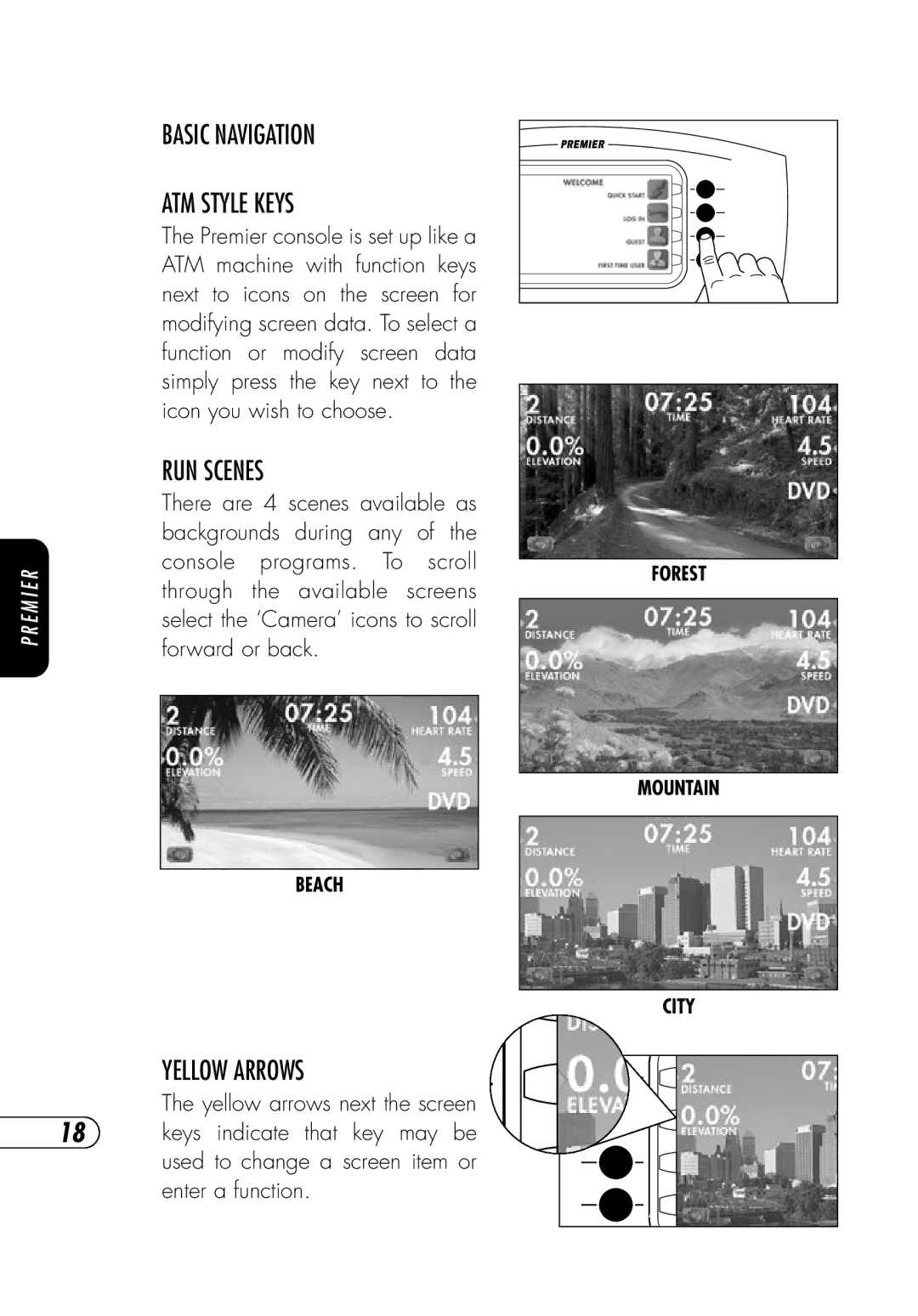 Vision Fitness TM357 manual Basic Navigation ATM Style Keys, RUN Scenes, Yellow Arrows 