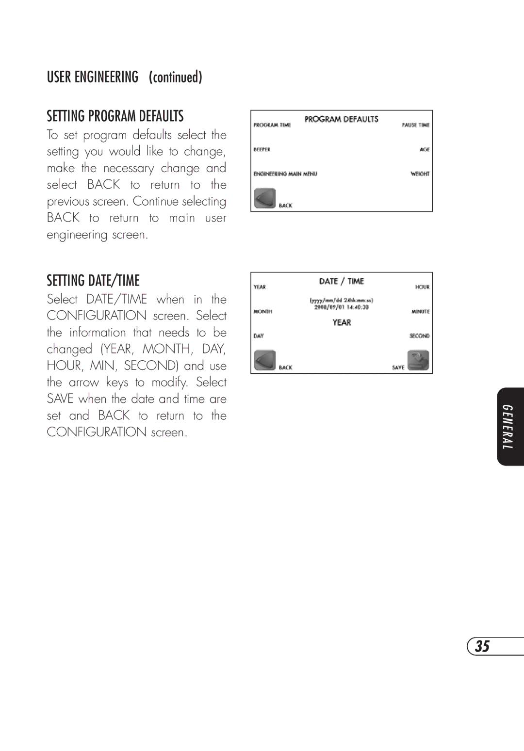 Vision Fitness TM357 manual Setting Programdefaults, Setting DATE/TIME 