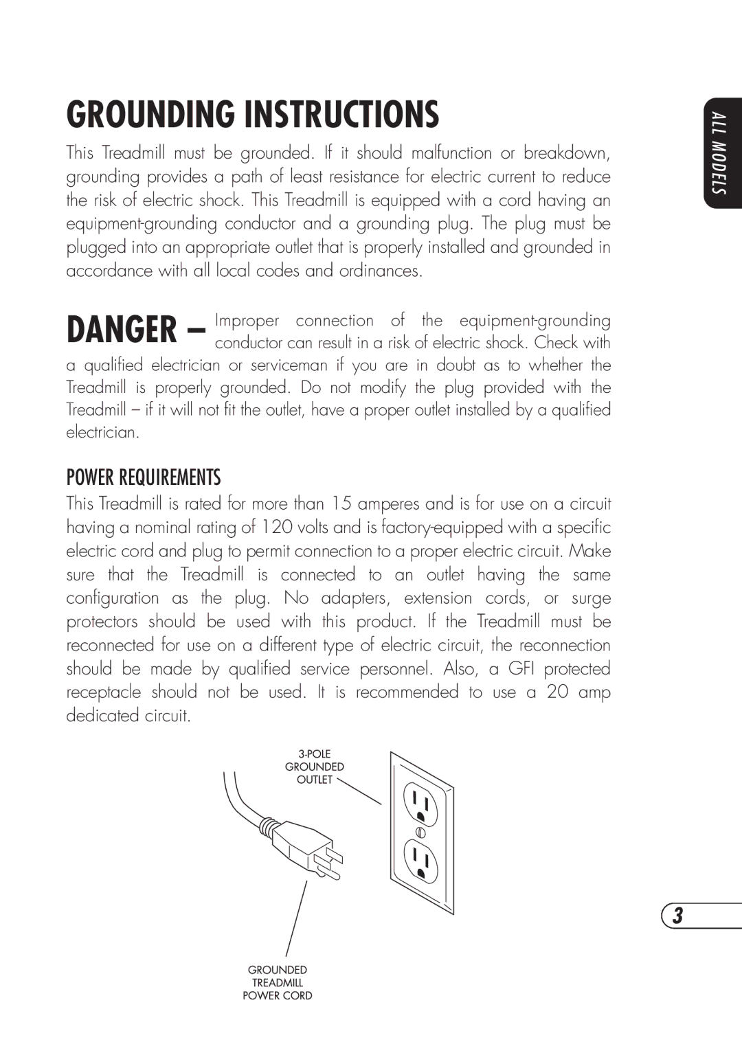 Vision Fitness TM357 manual Grounding Instructions, Power Requirements 