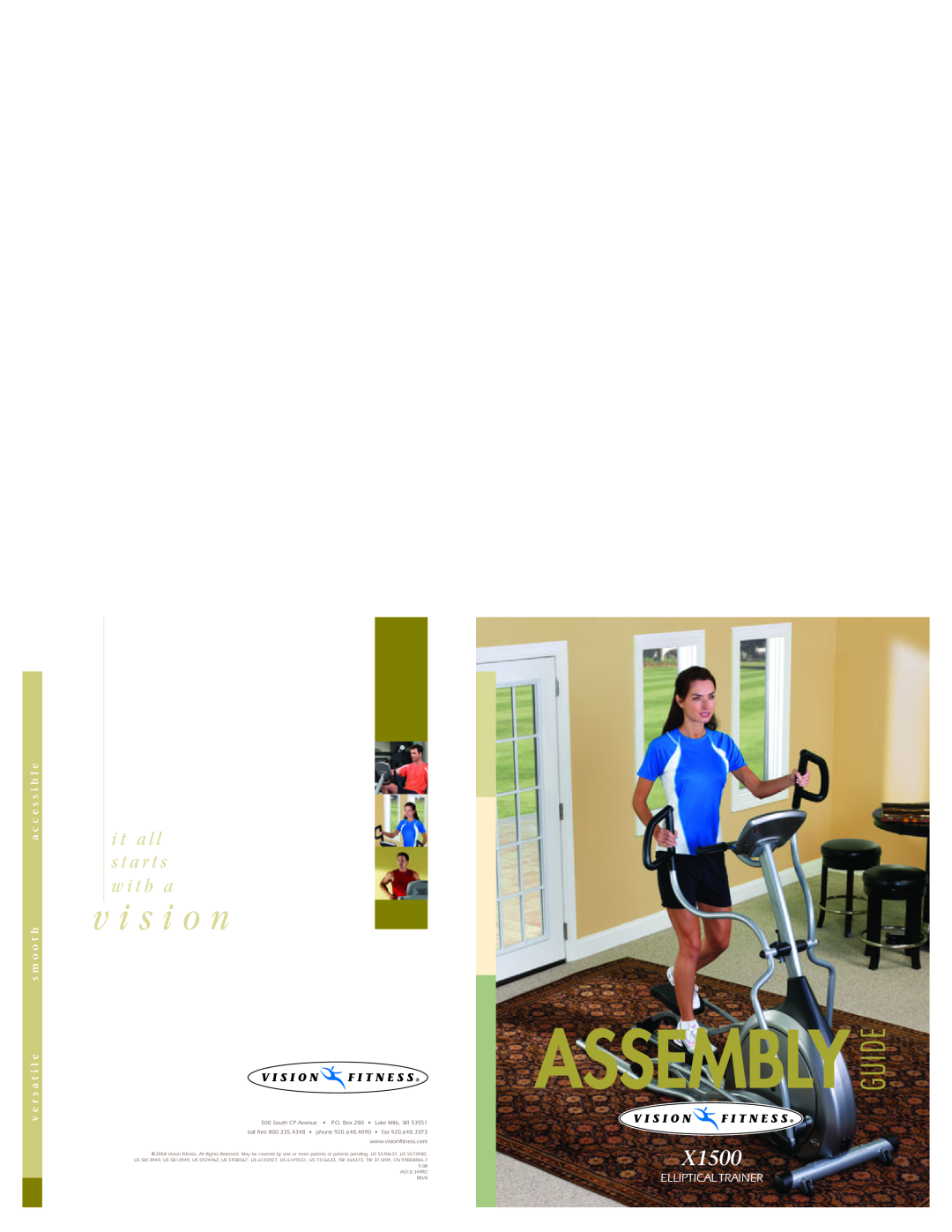 Vision Fitness X1500 manual Assembly Guide, v i s i o n, i t a l l s t a r t s w i t h a, Elliptical Trainer 