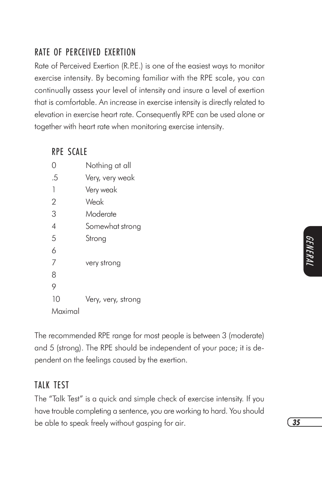 Vision Fitness X6000, X6100 manual Rate of Perceived Exertion, RPE Scale, Talk Test 