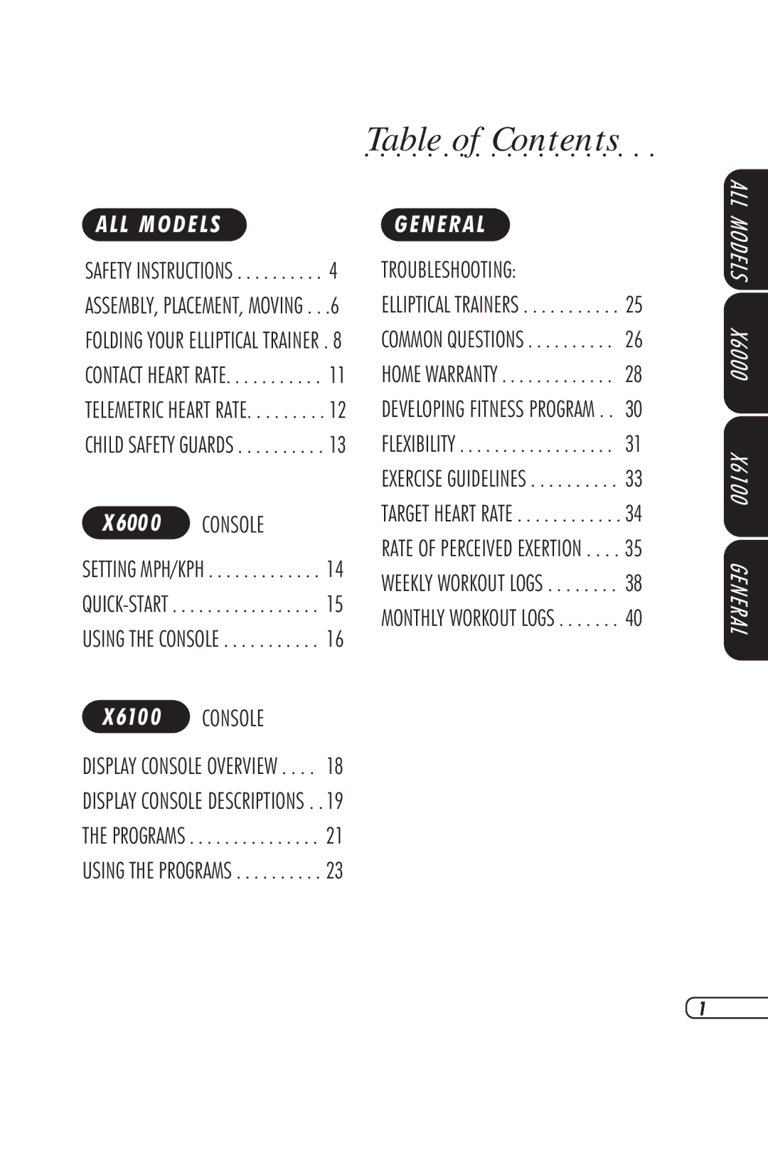 Vision Fitness X6000, X6100 manual Table of Contents 