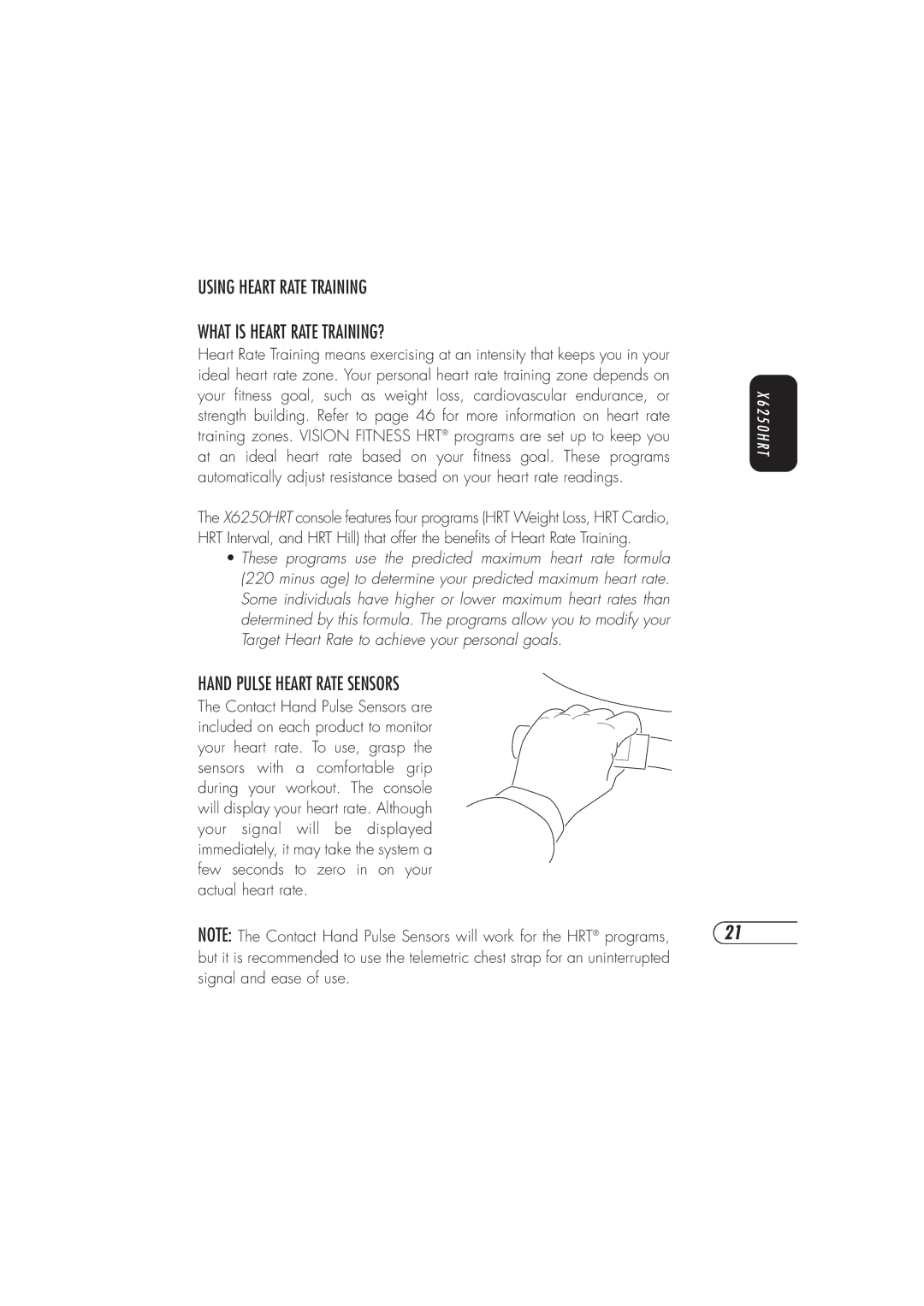 Vision Fitness X6150 manual Using Heart Rate Training What is Heart Rate TRAINING?, Hand Pulse Heart Rate Sensors 