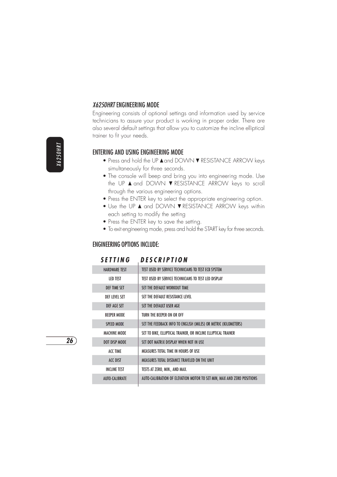 Vision Fitness X6150 manual X6250HRT Engineering Mode, Entering and Using Engineering Mode, Engineeringoptions Include 