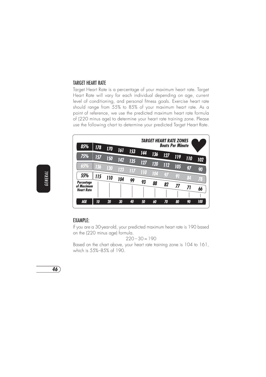 Vision Fitness X6150 manual Target Heart Rate, Example 