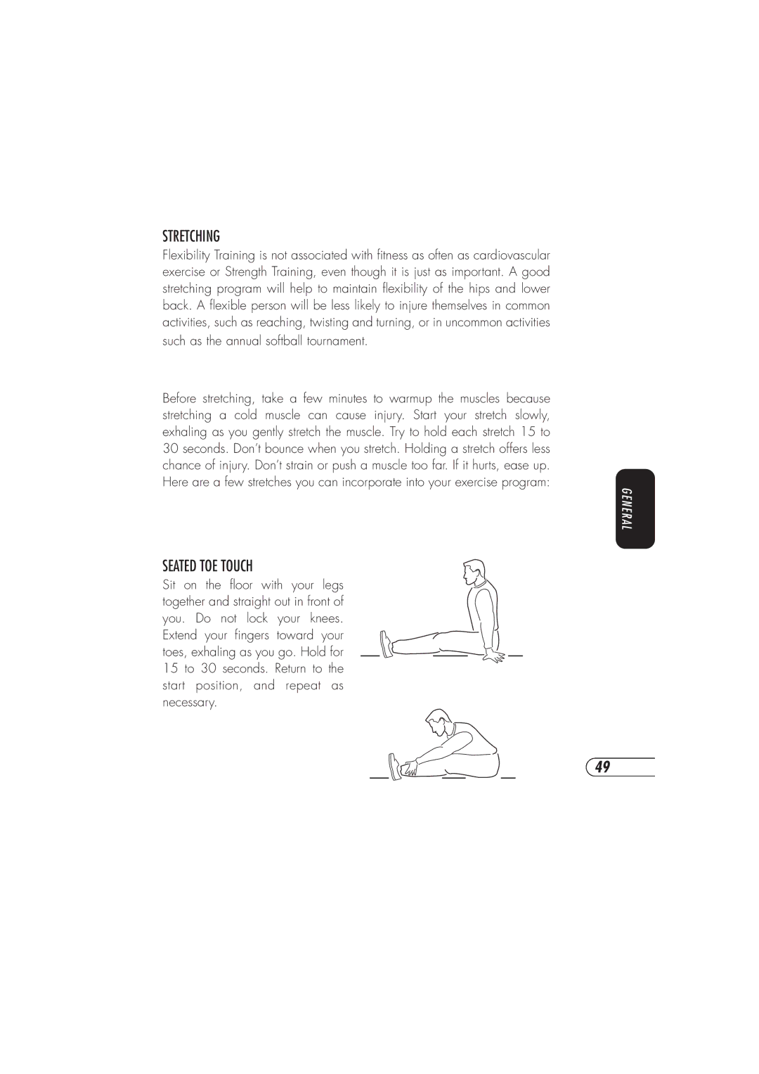 Vision Fitness X6150 manual Stretching, Seated TOE Touch 