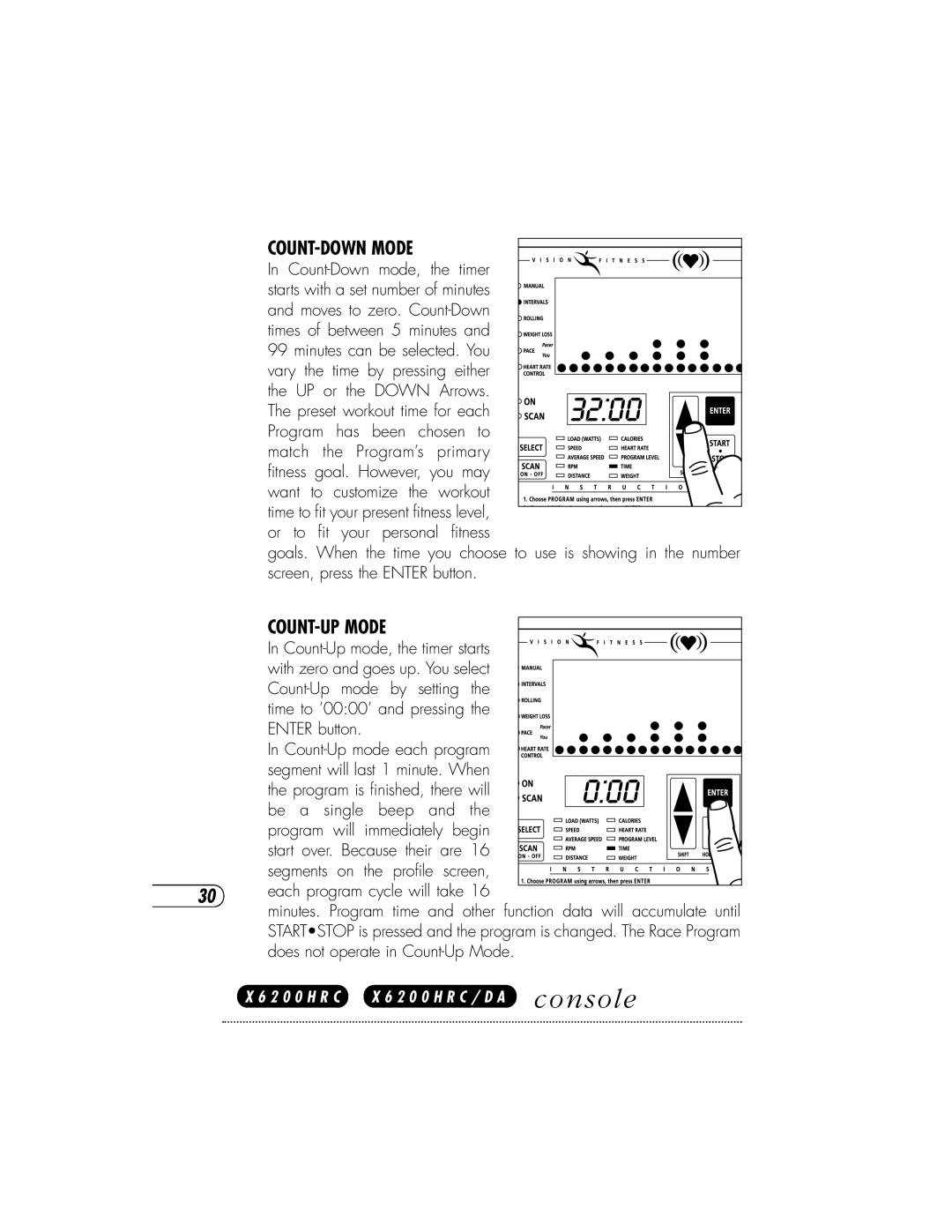 Vision Fitness X6200HRC manual Count-Up mode, the timer starts 