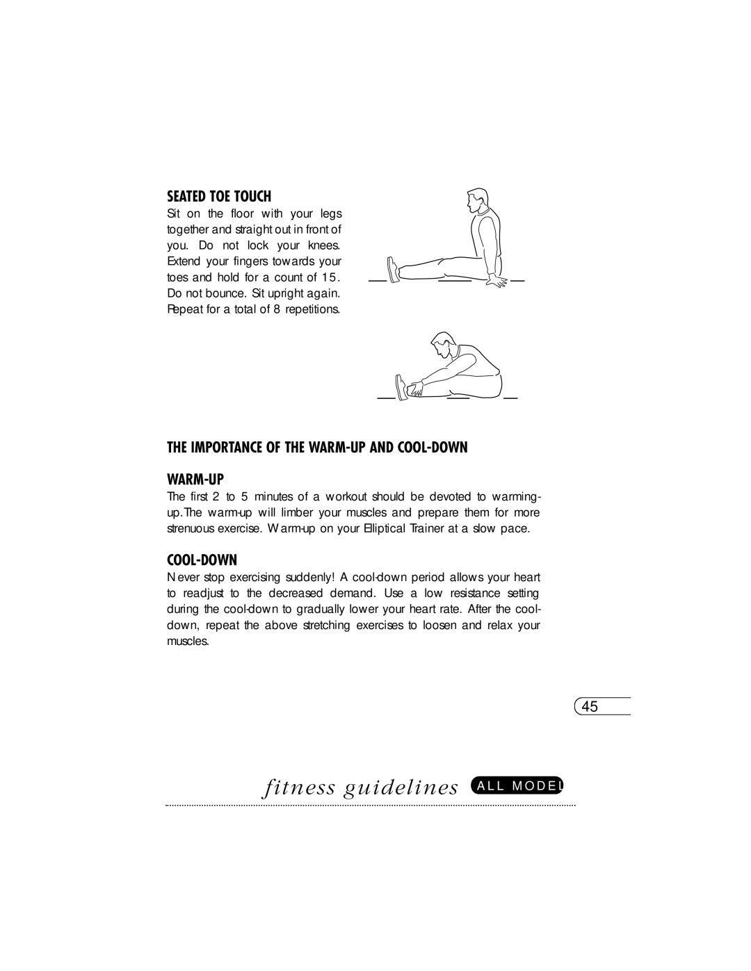 Vision Fitness X6200HRC Fitness guidelines a L L M O D E L S, Seated TOE Touch, Importance of the WARM-UP and COOL-DOWN 