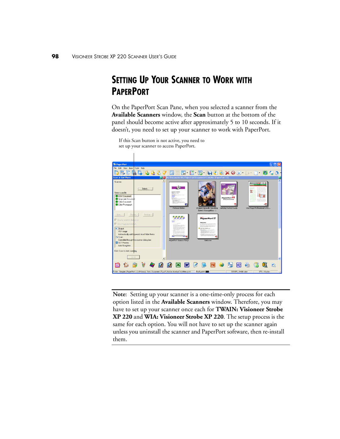 Visioneer 220 manual Setting UP Your Scanner to Work with Paperport 