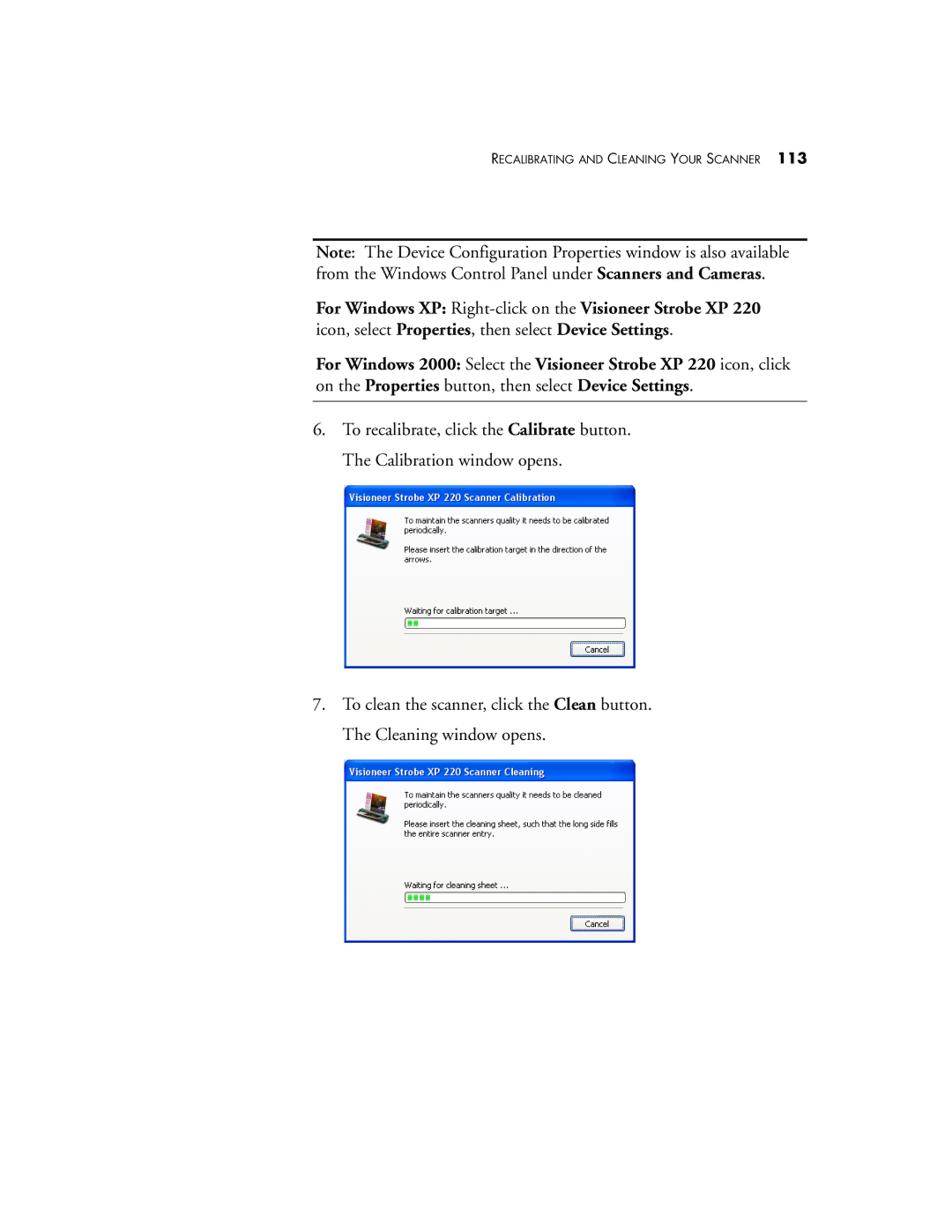 Visioneer 220 manual Recalibrating and Cleaning Your Scanner 