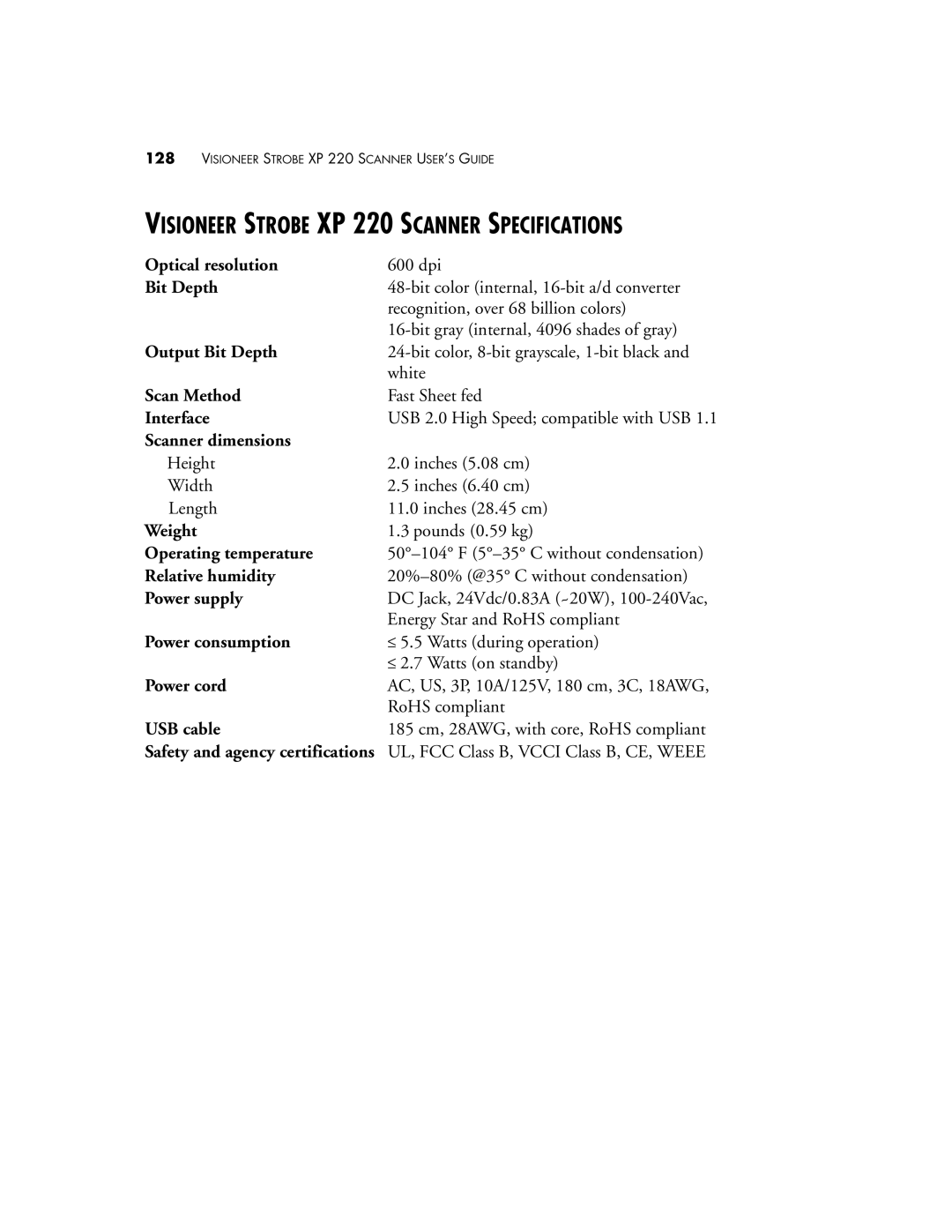 Visioneer manual Visioneer Strobe XP 220 Scanner Specifications 