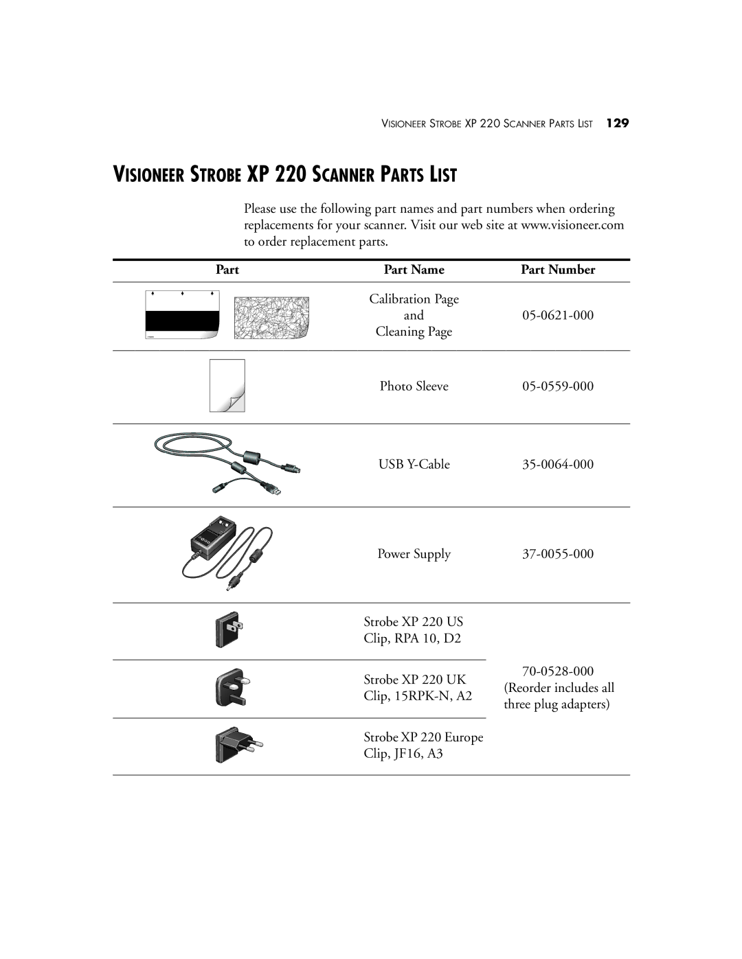 Visioneer manual Visioneer Strobe XP 220 Scanner Parts List, Part Part Name Part Number 