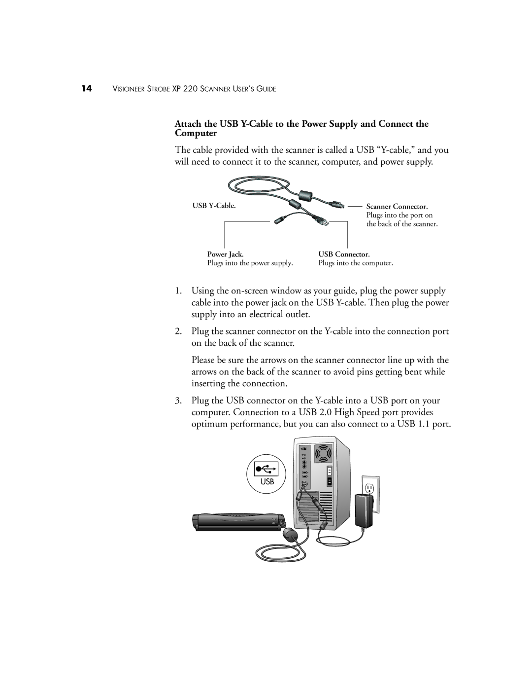 Visioneer 220 manual USB Y-Cable Scanner Connector Plugs into the port on 