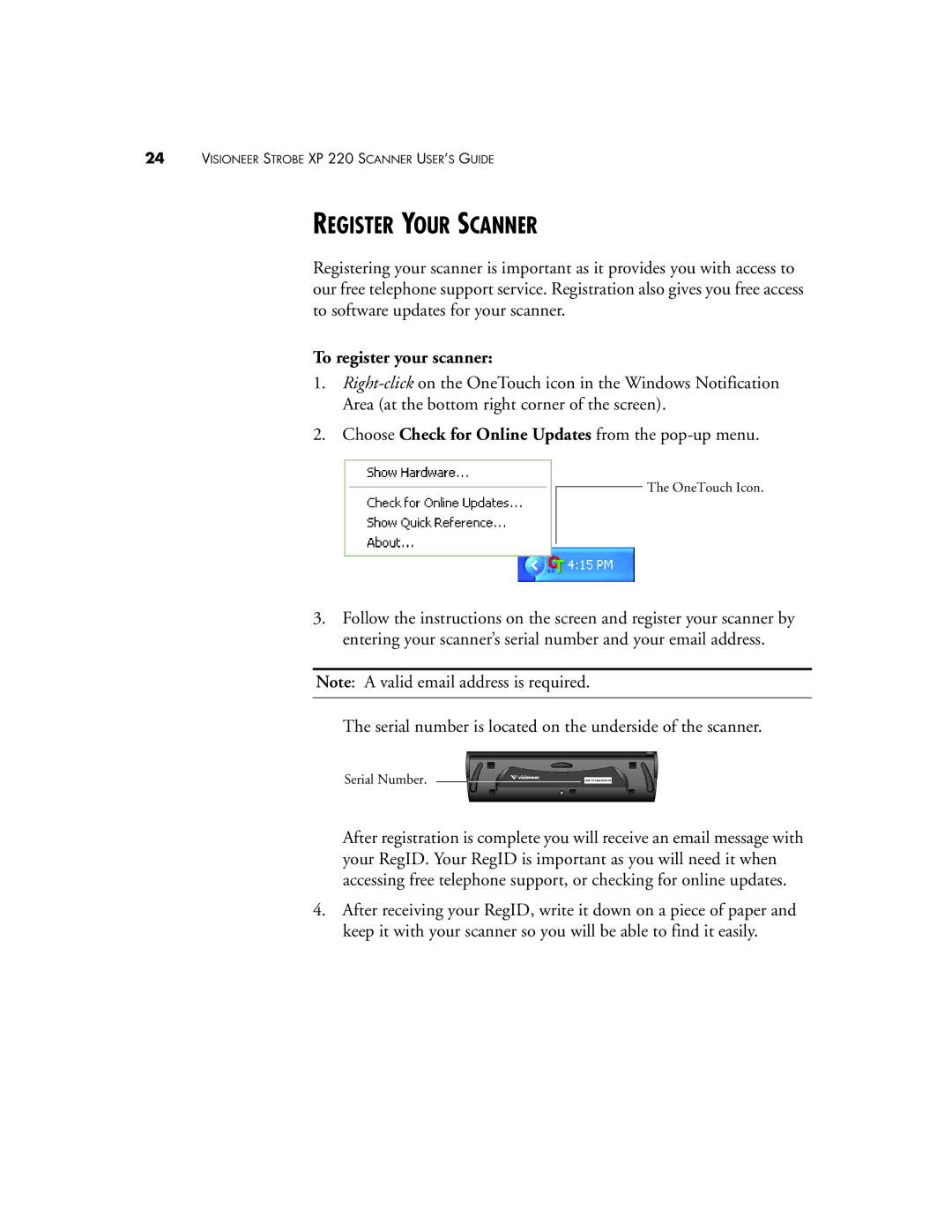 Visioneer 220 manual Register Your Scanner, To register your scanner 