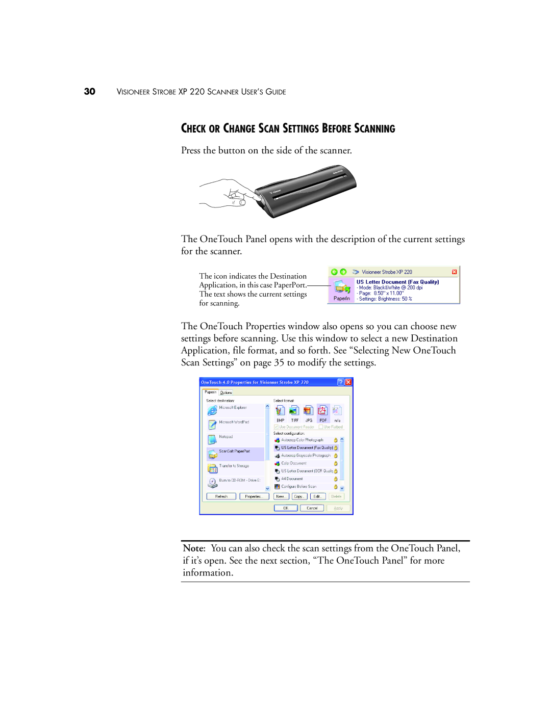 Visioneer 220 manual Check or Change Scan Settings Before Scanning 