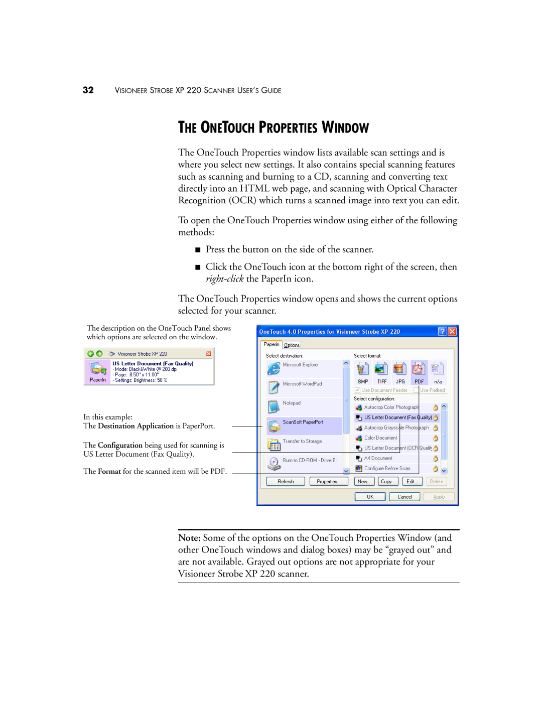 Visioneer 220 manual Onetouch Properties Window, Destination Application is PaperPort 