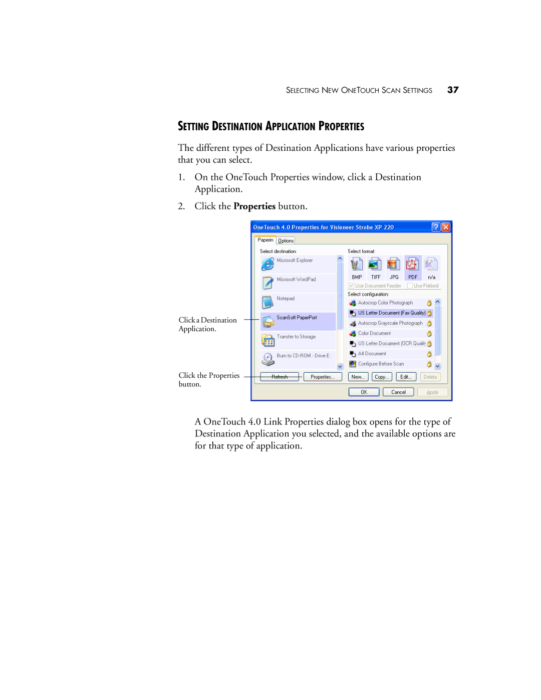 Visioneer 220 manual Setting Destination Application Properties 