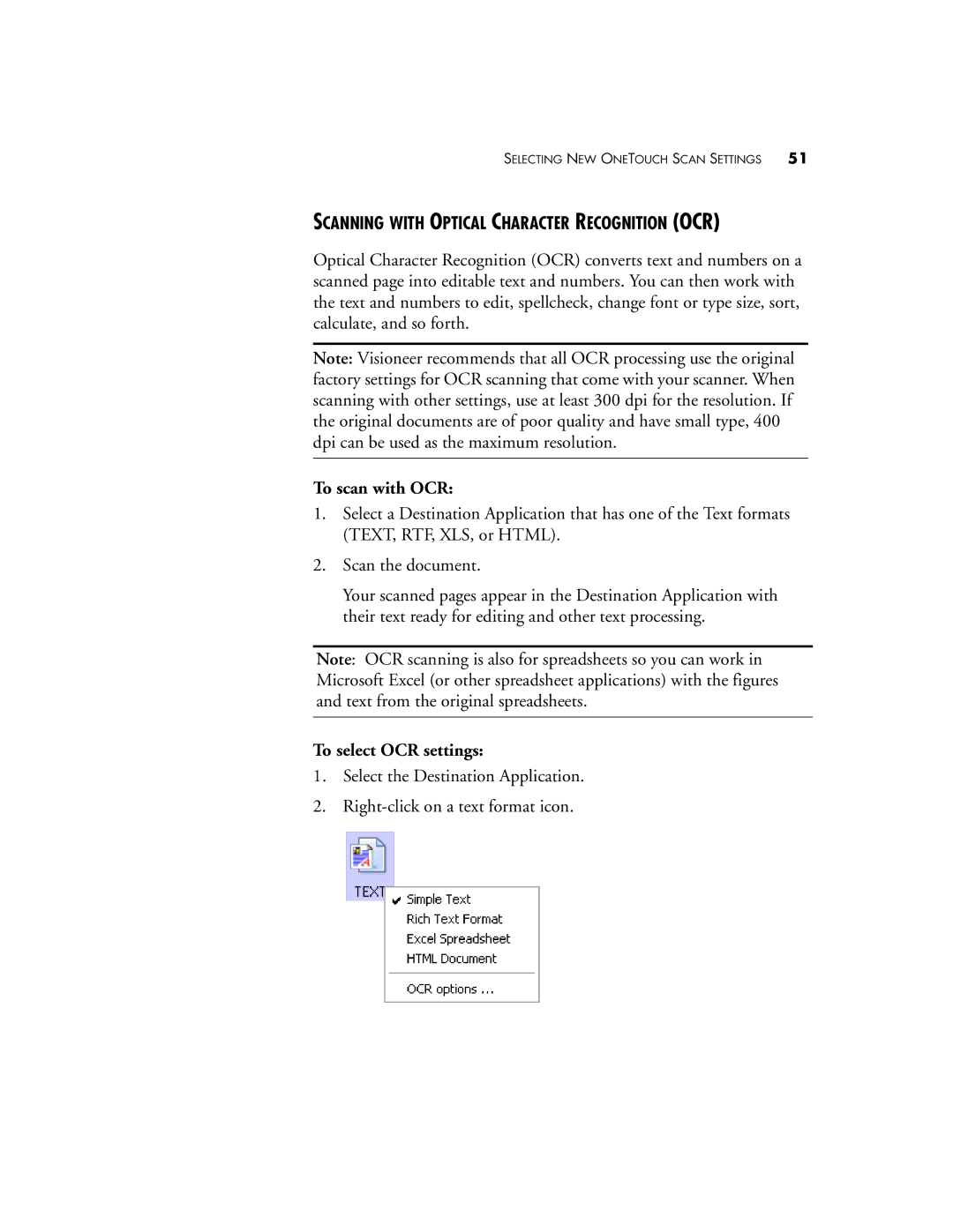 Visioneer 220 manual Scanning with Optical Character Recognition OCR, To scan with OCR, To select OCR settings 