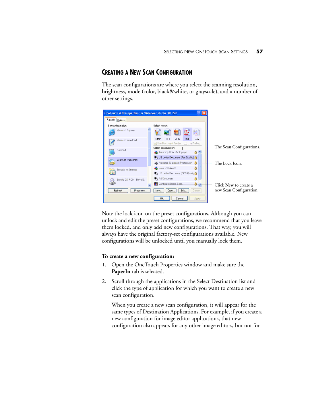 Visioneer 220 manual Creating a NEW Scan Configuration, To create a new configuration 