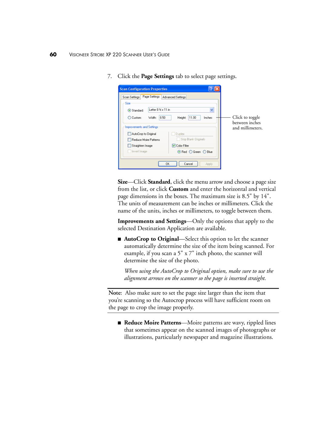 Visioneer 220 manual Click the Page Settings tab to select page settings 