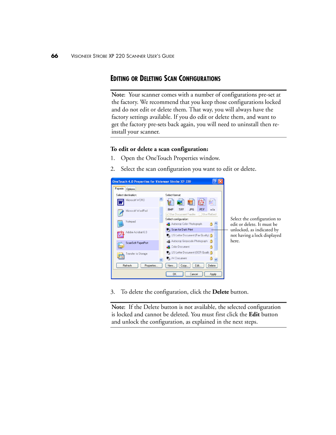 Visioneer 220 manual Editing or Deleting Scan Configurations, To edit or delete a scan configuration 