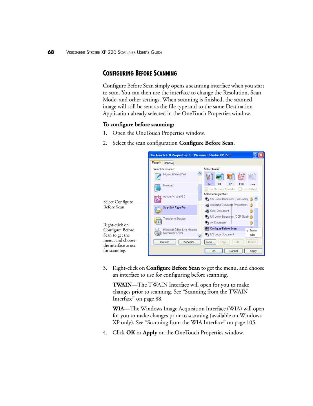 Visioneer 220 manual Configuring Before Scanning, To configure before scanning 