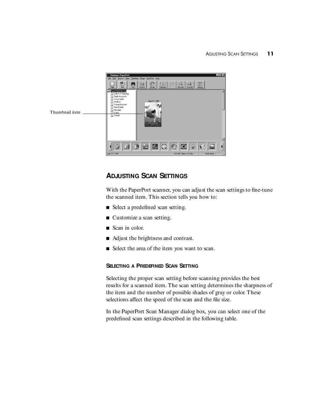 Visioneer 6100, 3100, 6000 manual Adjusting Scan Settings, Selecting a Predefined Scan Setting 